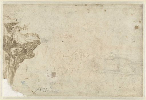Sketches of a rocky landscape, a standing man, and a drapery study