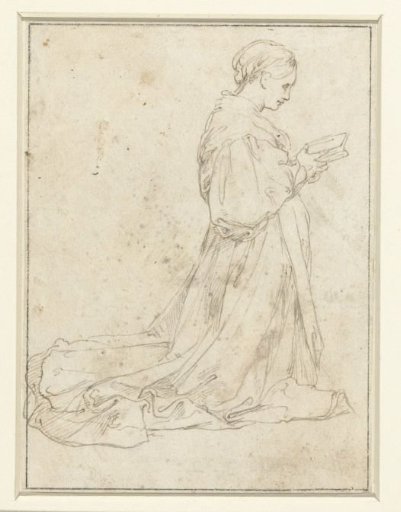Woman Kneeling to the Right with a Book in Her Hands