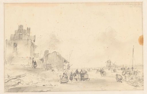 Winter landscape with various people on the ice