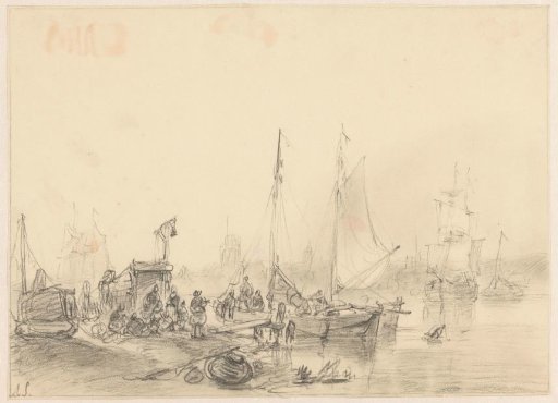 River view with two ships on the left on the shore where various people are standing around