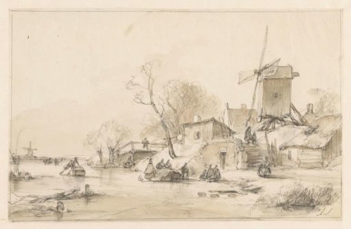 Winter landscape with a mill on the right and several small houses on a dike