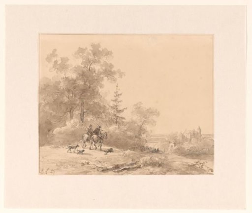 Two riders accompanied by several dogs on the way to the castle