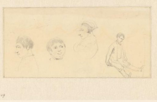 Study sheet with three sketches of heads and a study of a seated man