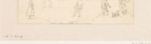 Study sheet with a skater seen from the back in the middle, on the right two hunters