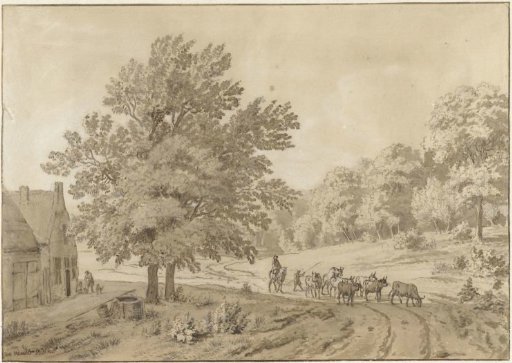 Landscape with cows on a sandy road and a farm with a water well
