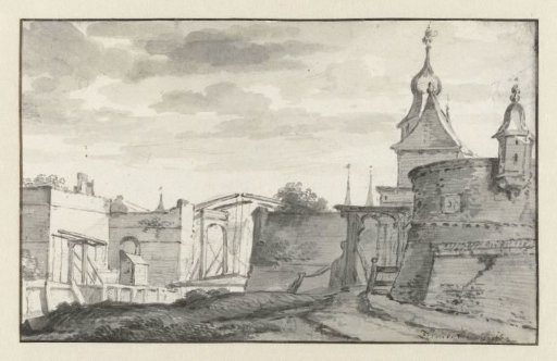View of the walls and a drawbridge of a city