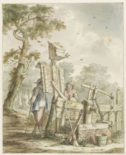 Landscape with two men at a notice board near a water pump