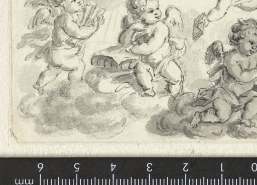 Vignette of Putti on Clouds with Books