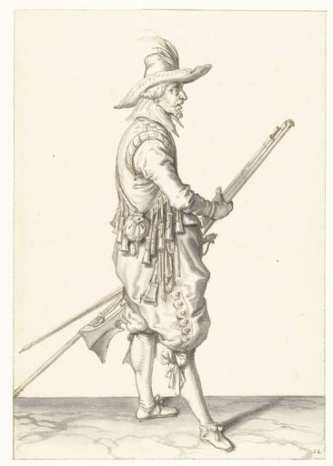 Soldier holding his musket with both hands by his left thigh