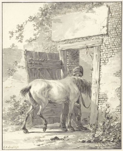 Groom leading a horse into the stable