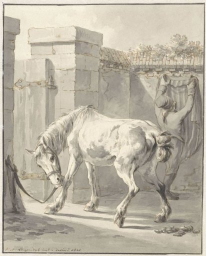 Unsaddled horse with the bridle tied to a post