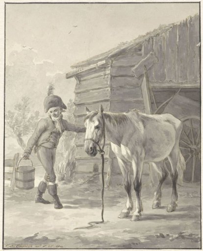Horse standing in front of a barn