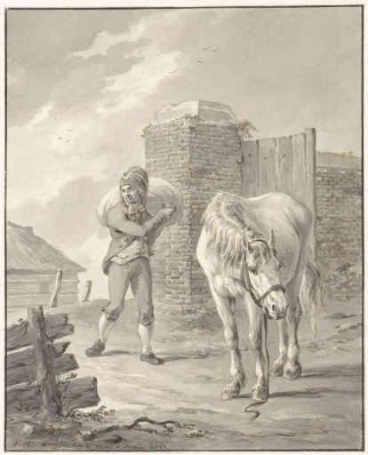 Man with a sack on his shoulder next to an unsaddled horse