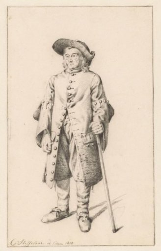 Study of a standing man with a long coat and walking stick