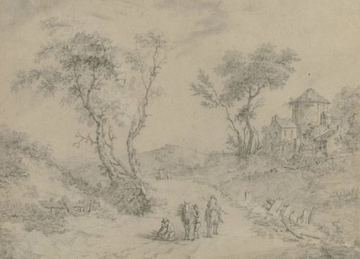 Horsemen with bunches of branches on a country road near a ruined building