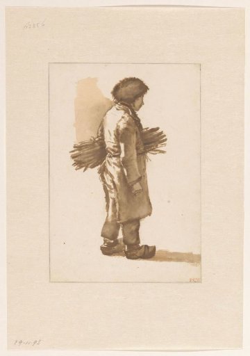 Standing boy with fur cap, clogs and a bundle of twigs under his arm