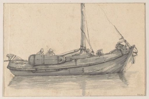 Sailing ship seen from the side, with two men on board