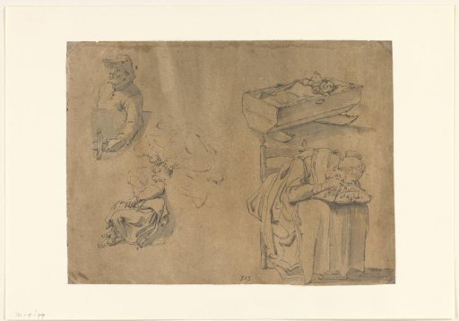 Sleeping woman, child in cradle, woman with child and man