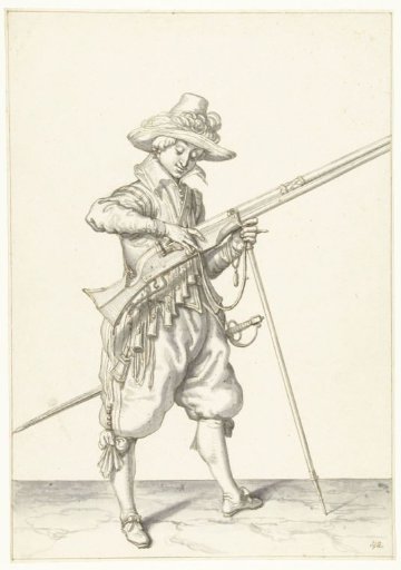 Soldier on guard adjusting the match on the cock of his musket