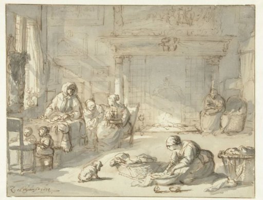 Interior of a house with women and children