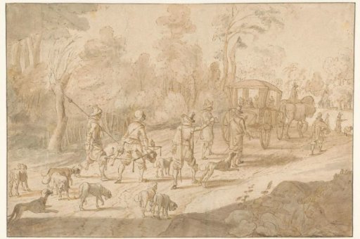 Distinguished company in a carriage, followed by servants with falcons and hunting dogs