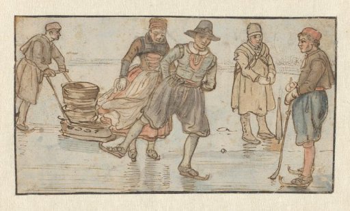 Skaters on the Ice, a Man Pushing a Sledge and a Kolf-player / verso: Two Skaters