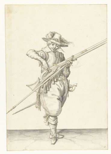Soldier pouring powder into the pan of his musket