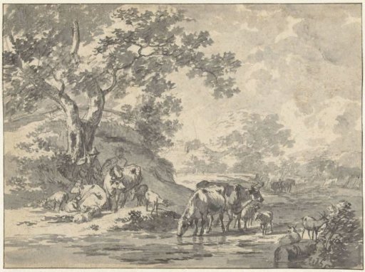 Landscape with Shepherd and Cattle under a Tree by Water