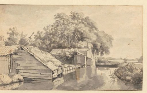 Landscape with Sheds along a Watercourse / verso: Sketch of a Tree