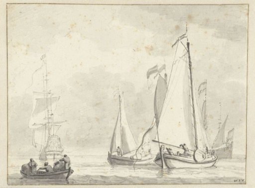 Seascape with several ships lying at roadstead