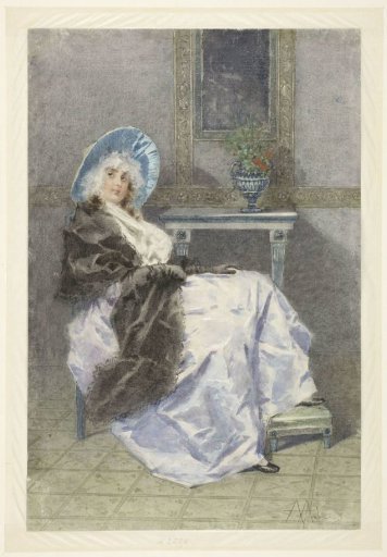 Seated young woman with black shawl and purple skirt