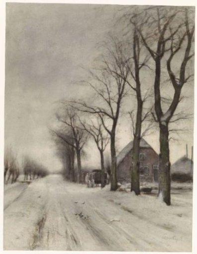 Winter landscape with a farmhouse along a avenue