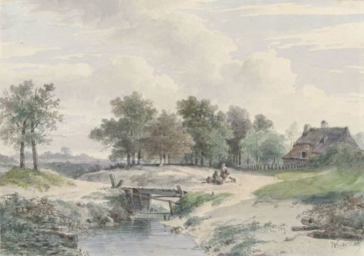 Landscape with a small bridge and figures before a farmhouse