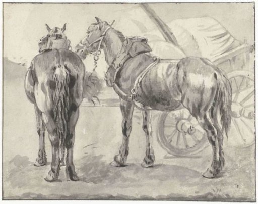 Two carriage horses by a cart