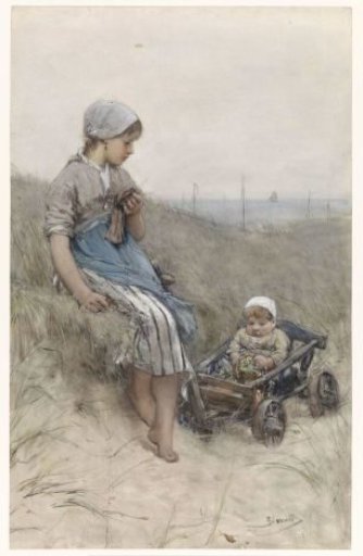 Fisher Girl with Child in a Stroller in the Dunes