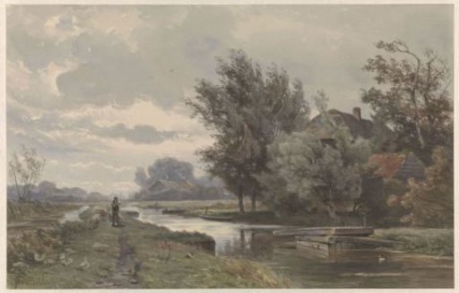 Shepherd with sheep at a farm by the water