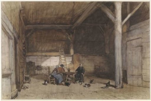 Peasant Interior with Two Men and a Woman at a Table, Along with Several Chickens and Cats