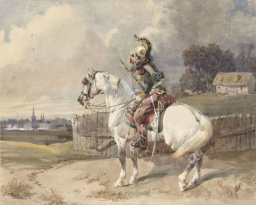 French dragoon on a white horse, facing left, in profile