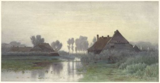 Farmhouses by the water in morning mist