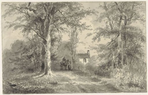 Avenue between trees with rider and woman