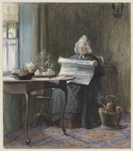 Interior with a woman reading the newspaper