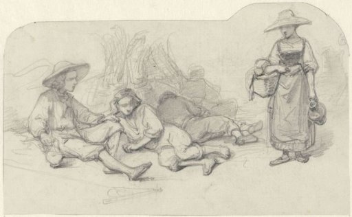 Resting mowers and a woman with food and drink