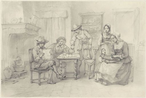 Historical interior with figures around a table