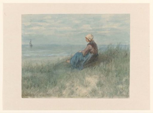 A woman sitting on a dune looking at the sea