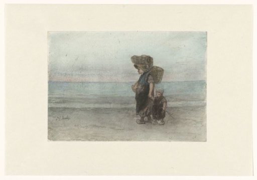 Woman with child, walking along the beach