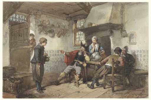 Several men and a soldier in an inn