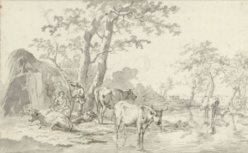 Shepherd with woman and child with cattle under trees by water