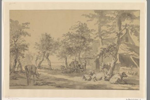 Cattle under trees near a farm