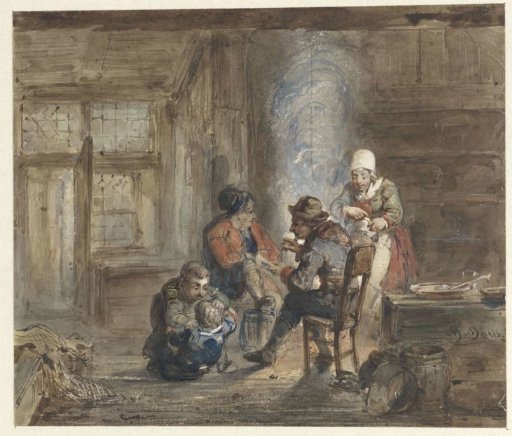 Interior With A Family Around A Hearth