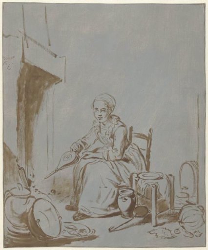 Kitchen maid with bellows seated before the hearth